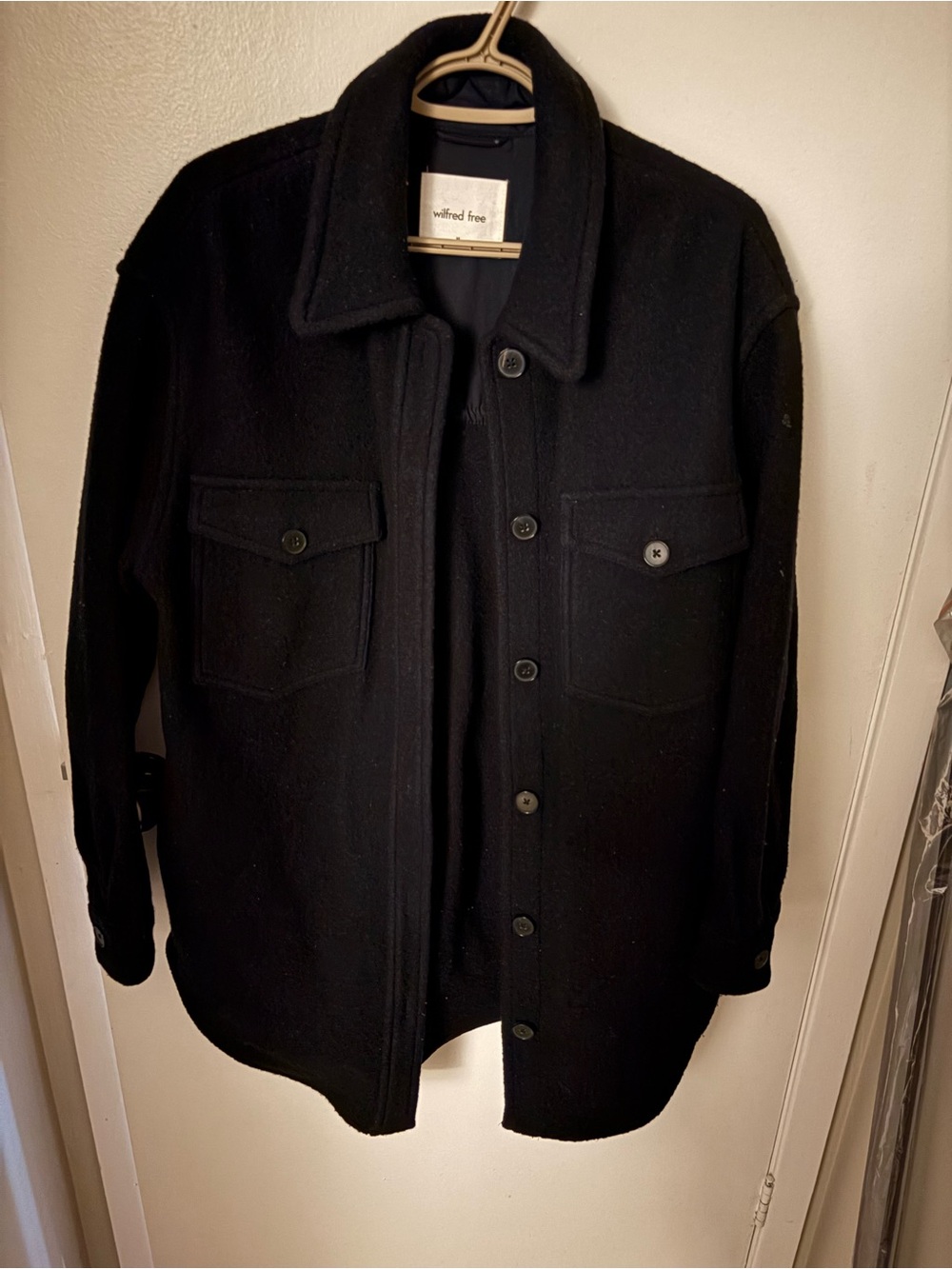 Wilfred Black Wool Lightweight Shirt Jacket with Chest Pockets